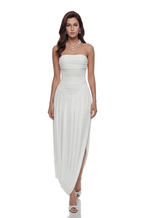 Aurohaya Kiia White Off Shoulder Ruched Midi Dress