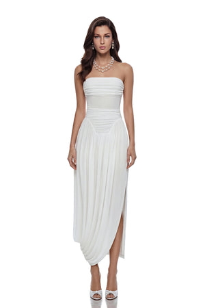 Aurohaya Kiia White Off Shoulder Ruched Midi Dress