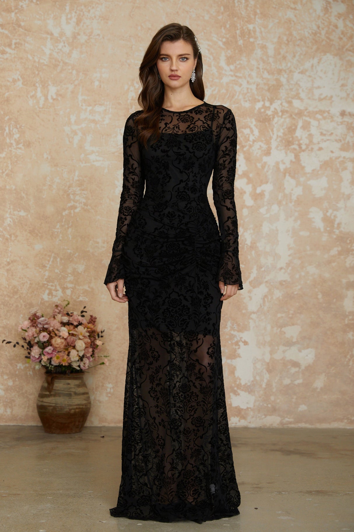 Aurohaya Kismet Black Flocked Floral Ruched Maxi Dress