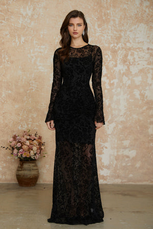 Aurohaya Kismet Black Flocked Floral Ruched Maxi Dress