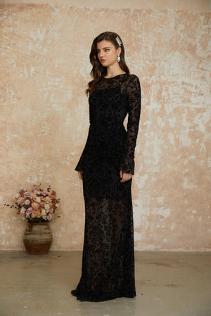 Aurohaya Kismet Black Flocked Floral Ruched Maxi Dress