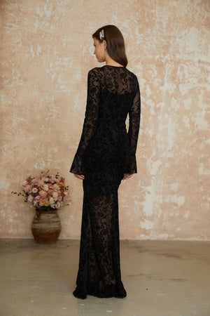 Aurohaya Kismet Black Flocked Floral Ruched Maxi Dress