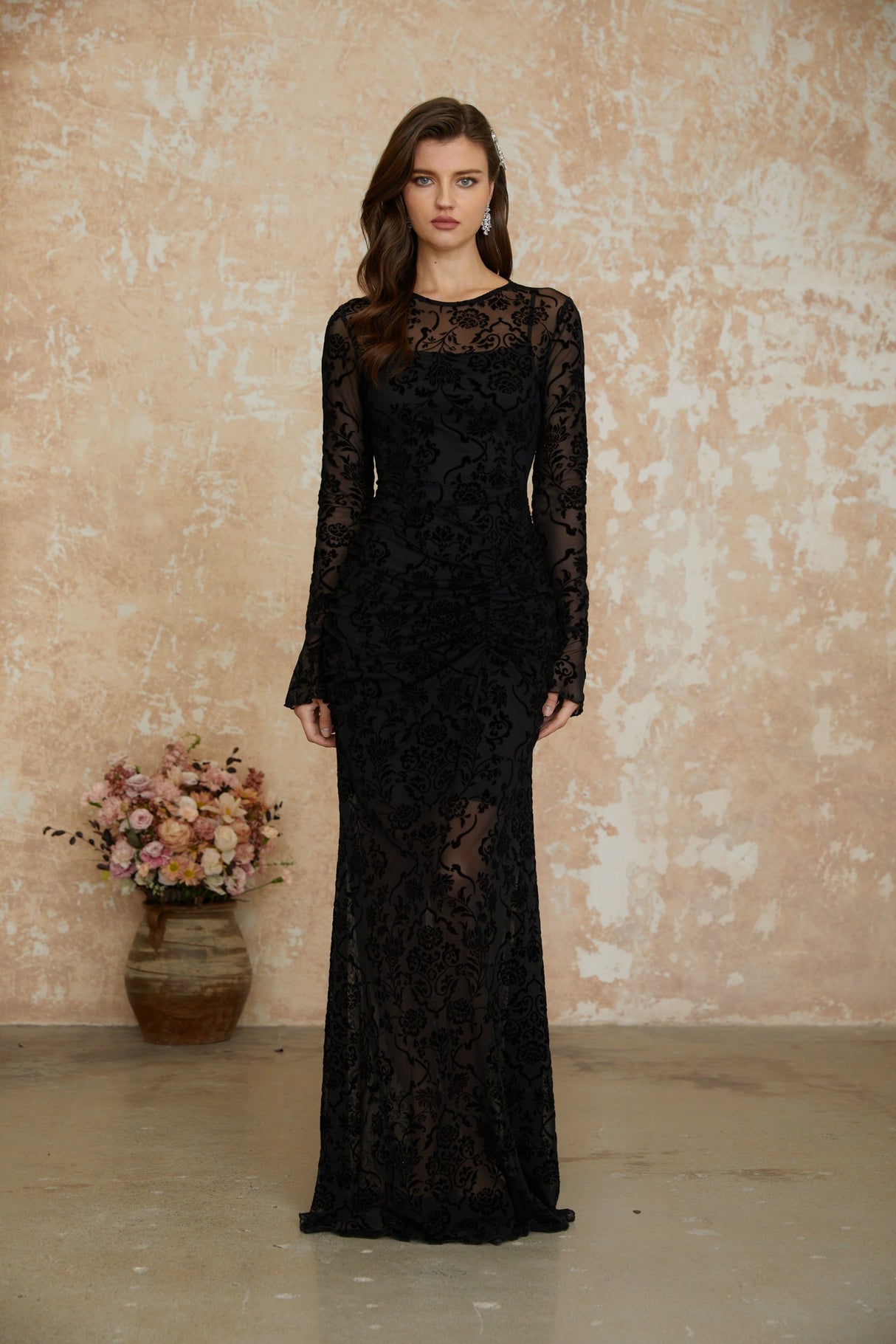 Aurohaya Kismet Black Flocked Floral Ruched Maxi Dress