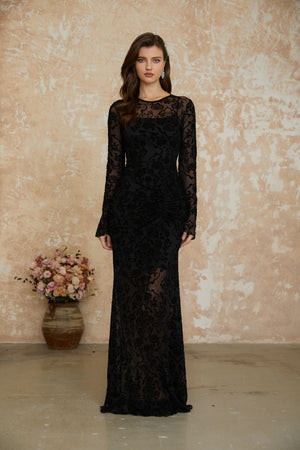 Aurohaya Kismet Black Flocked Floral Ruched Maxi Dress