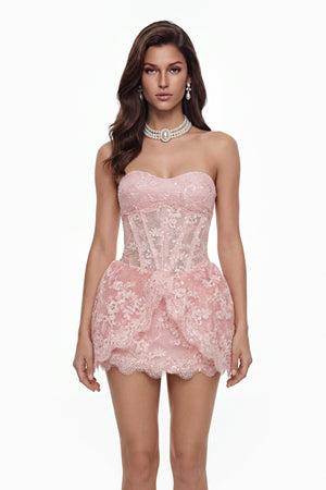 Aurohaya Apolline Pink Floral Embroidered Mini Dress