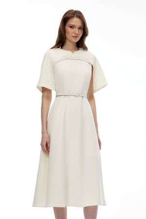 Aurohaya Kore Champagne Cape Midi Dress with Belt