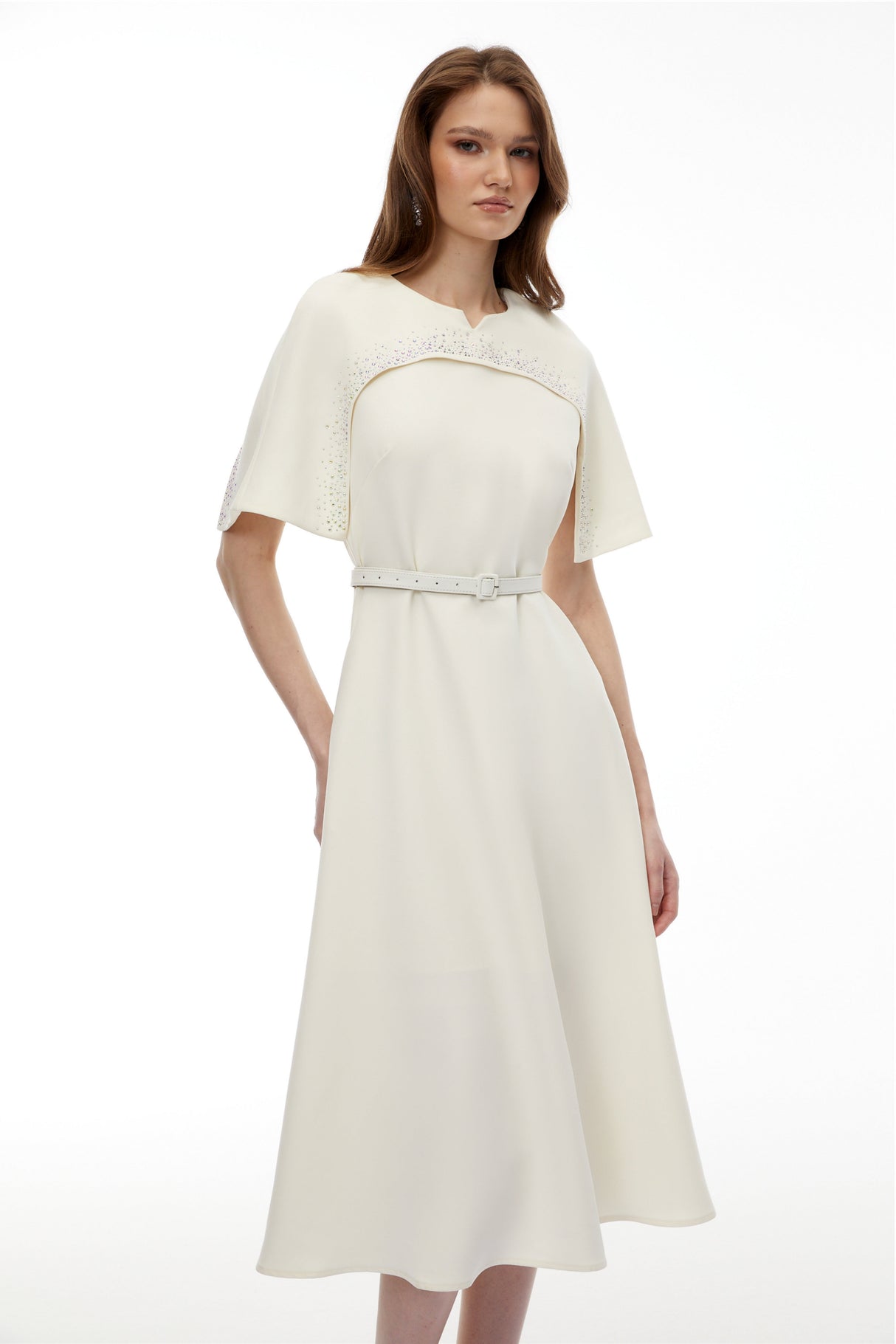 Aurohaya Kore Champagne Cape Midi Dress with Belt