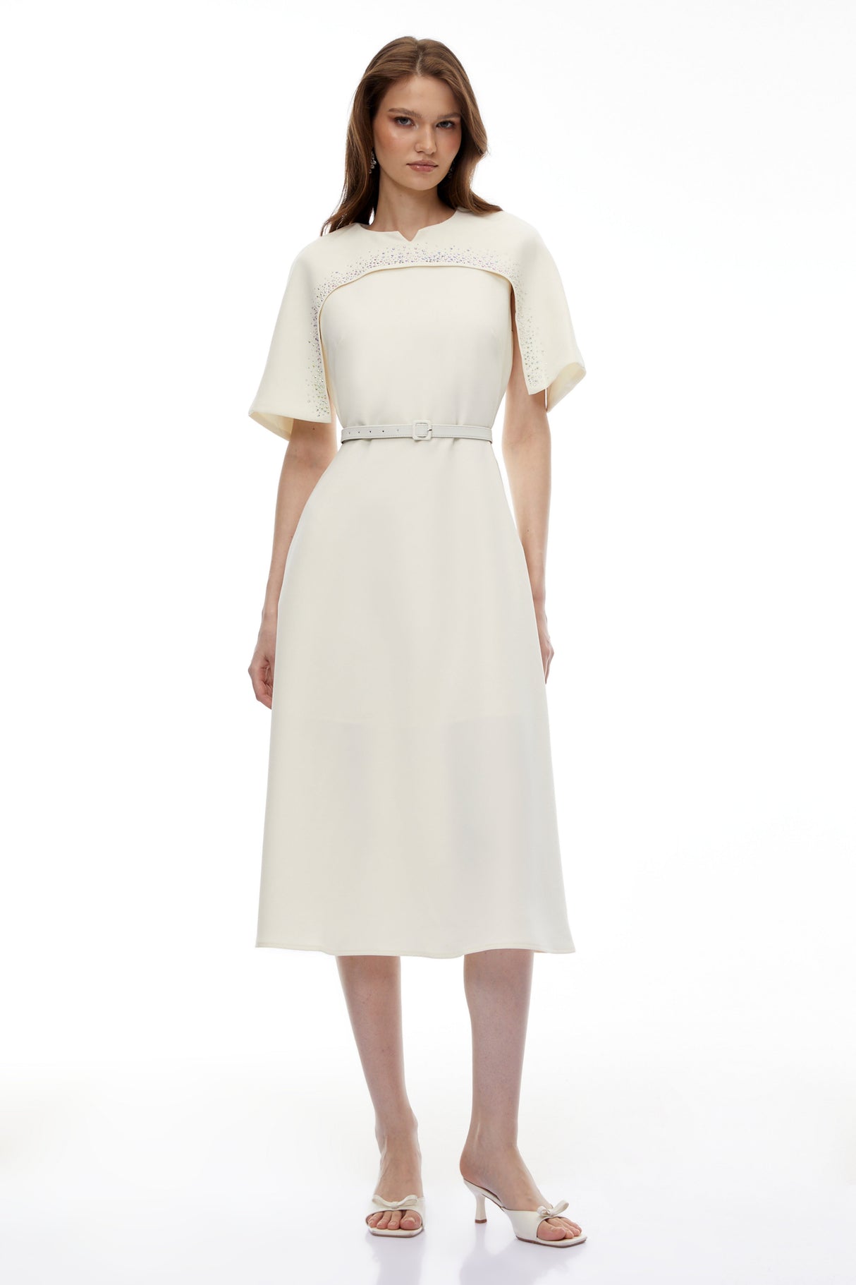 Aurohaya Kore Champagne Cape Midi Dress with Belt