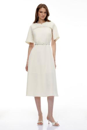 Aurohaya Kore Champagne Cape Midi Dress with Belt