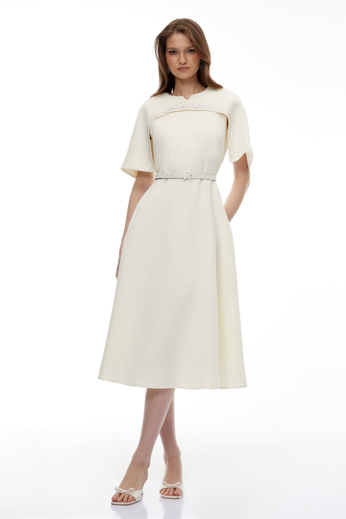 Aurohaya Kore Champagne Cape Midi Dress with Belt