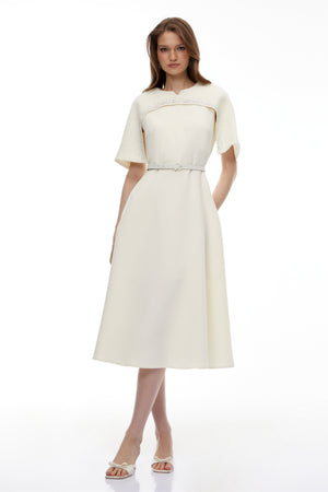 Aurohaya Kore Champagne Cape Midi Dress with Belt