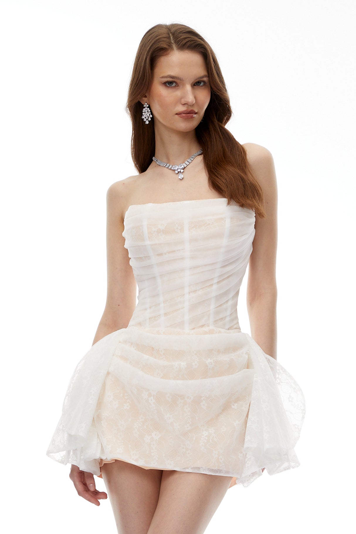 Aurohaya Krasava White Floral Lace Ruched Mini Dress