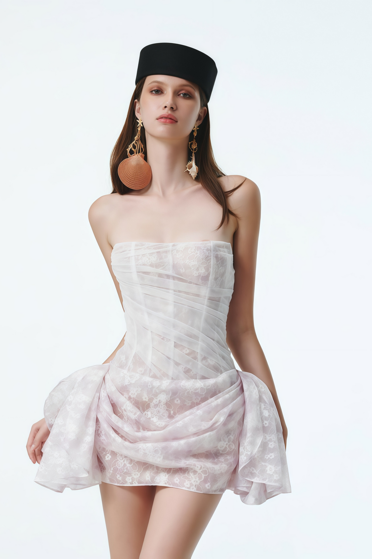 Aurohaya Krasava White Floral Lace Ruched Mini Dress