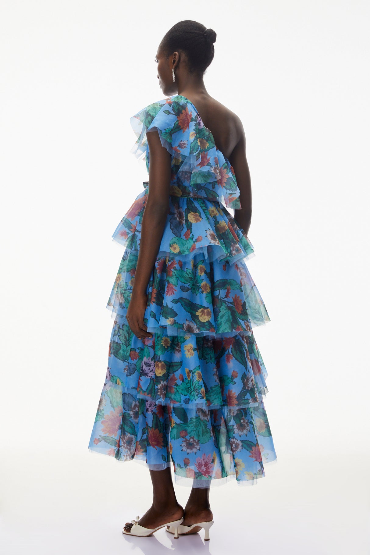 Aurohaya Kulthum Blue One Shoulder Floral Print Maxi Dress
