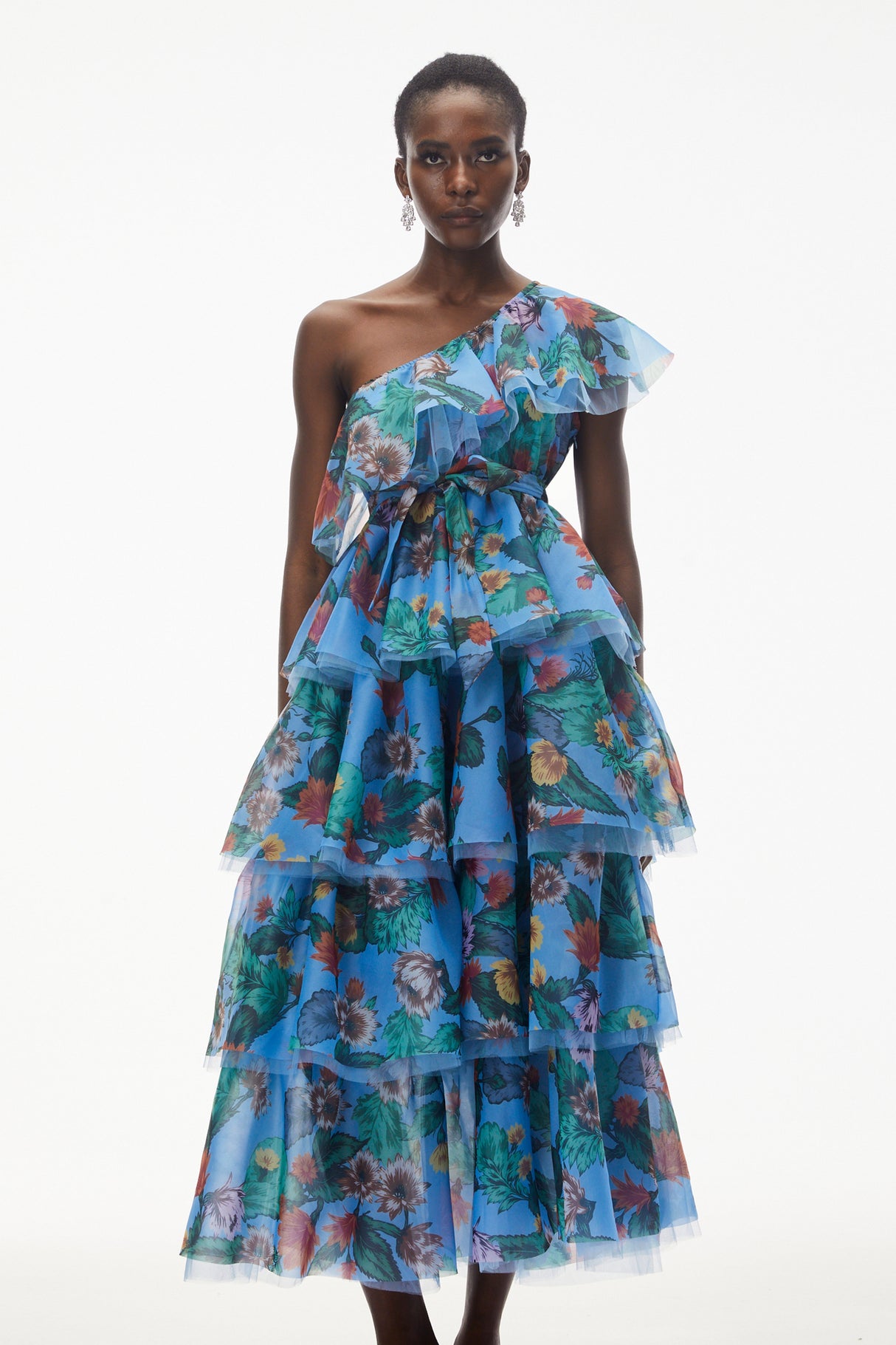 Aurohaya Kulthum Blue One Shoulder Floral Print Maxi Dress