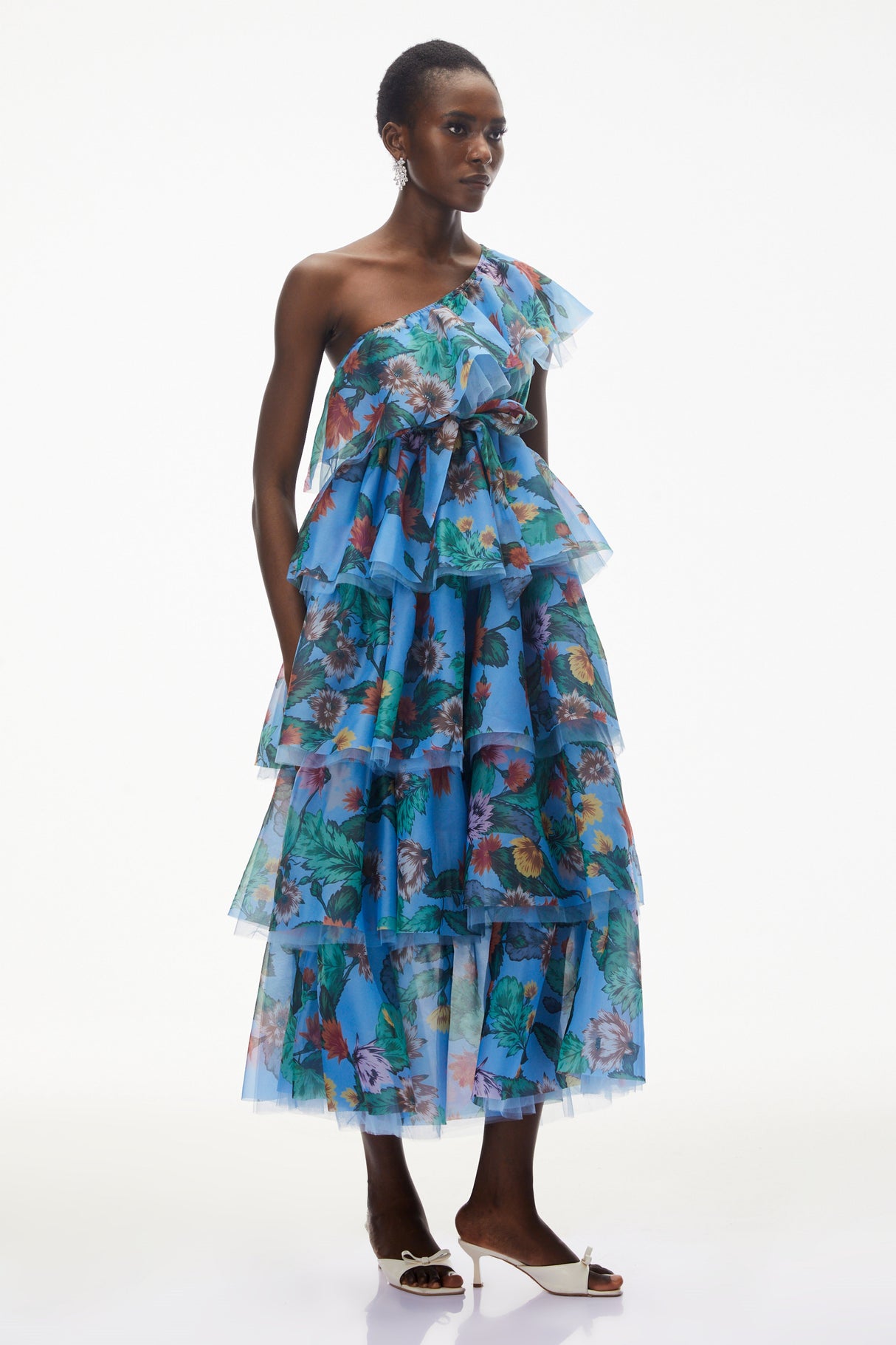Aurohaya Kulthum Blue One Shoulder Floral Print Maxi Dress