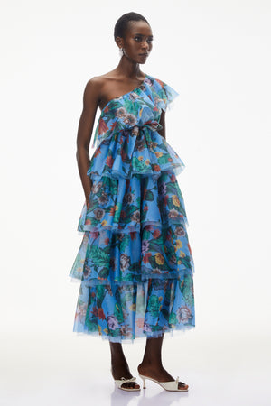 Aurohaya Kulthum Blue One Shoulder Floral Print Maxi Dress