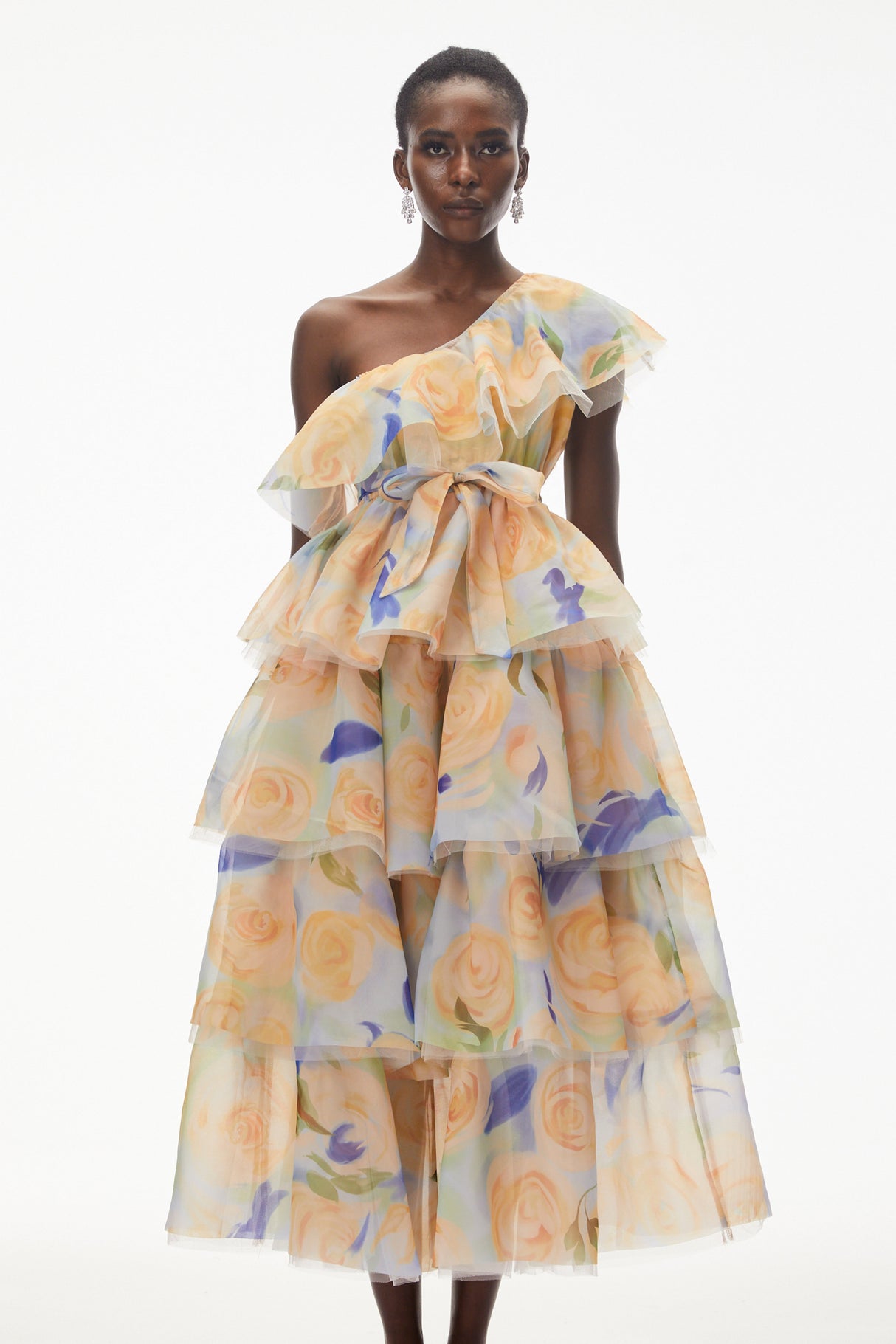 Aurohaya Kulthum Yellow One Shoulder Floral Print Maxi Dress