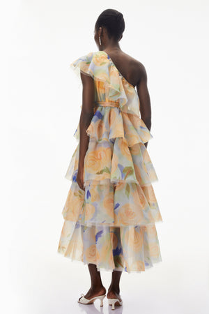 Aurohaya Kulthum Yellow One Shoulder Floral Print Maxi Dress