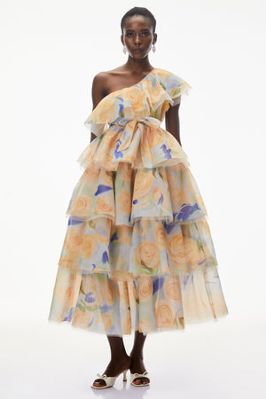 Aurohaya Kulthum Yellow One Shoulder Floral Print Maxi Dress