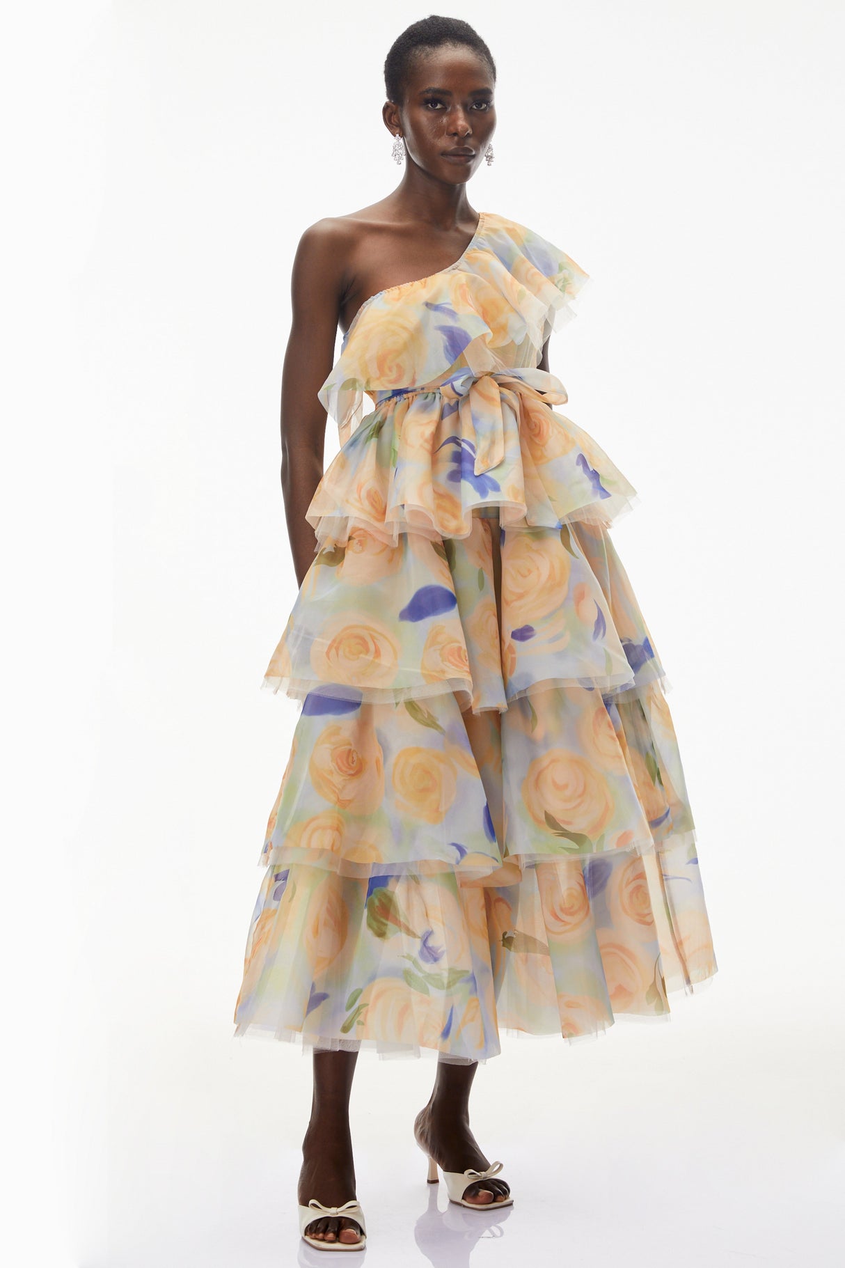 Aurohaya Kulthum Yellow One Shoulder Floral Print Maxi Dress