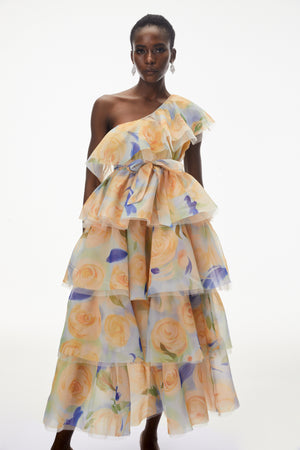 Aurohaya Kulthum Yellow One Shoulder Floral Print Maxi Dress