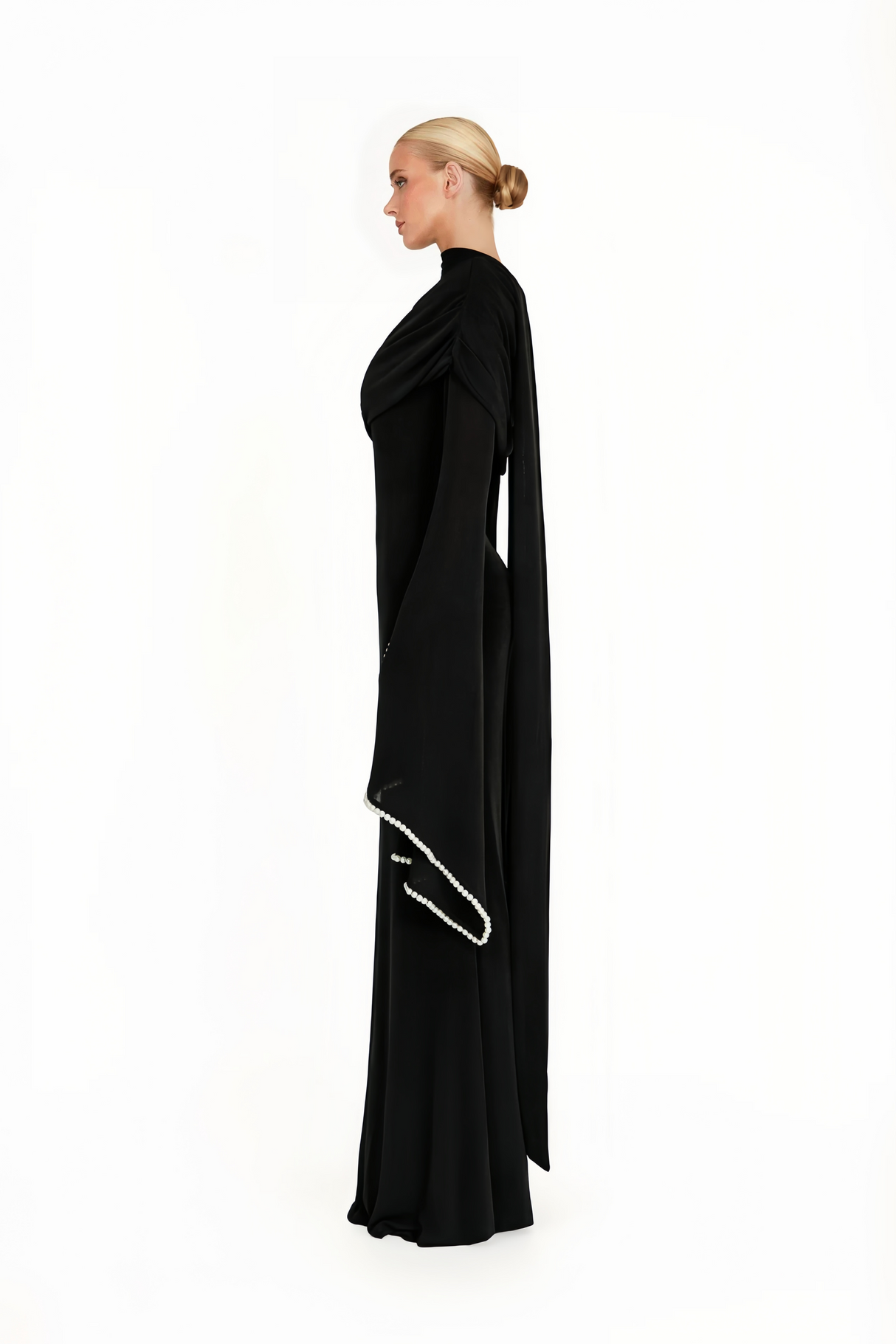 Aurohaya Simona Black One Shoulder Pearl Trim Maxi Gown