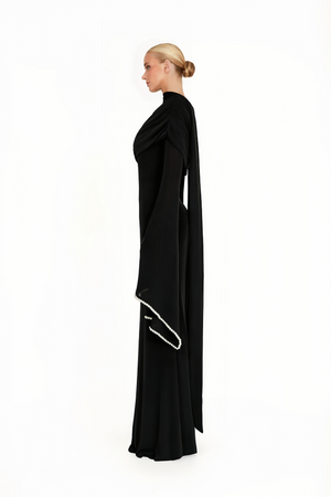 Aurohaya Simona Black One Shoulder Pearl Trim Maxi Gown
