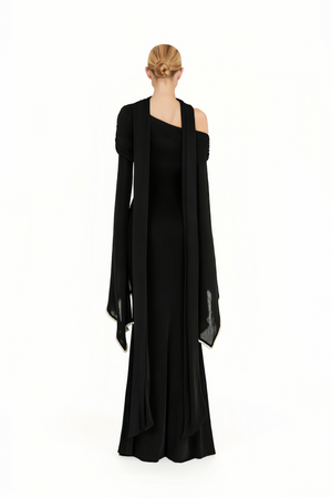 Aurohaya Simona Black One Shoulder Pearl Trim Maxi Gown