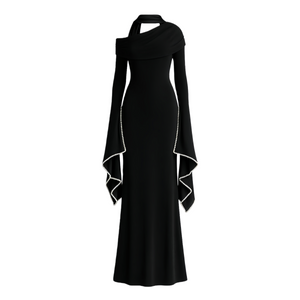 Aurohaya Simona Black One Shoulder Pearl Trim Maxi Gown