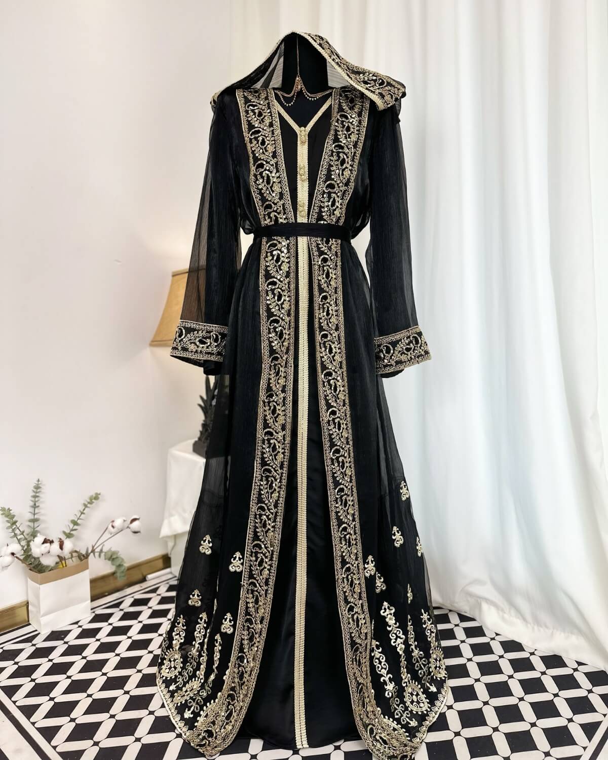 Moroccan Handmade Embroidered Black Abaya Kaftan Dress for Women with Hood, LKD1001