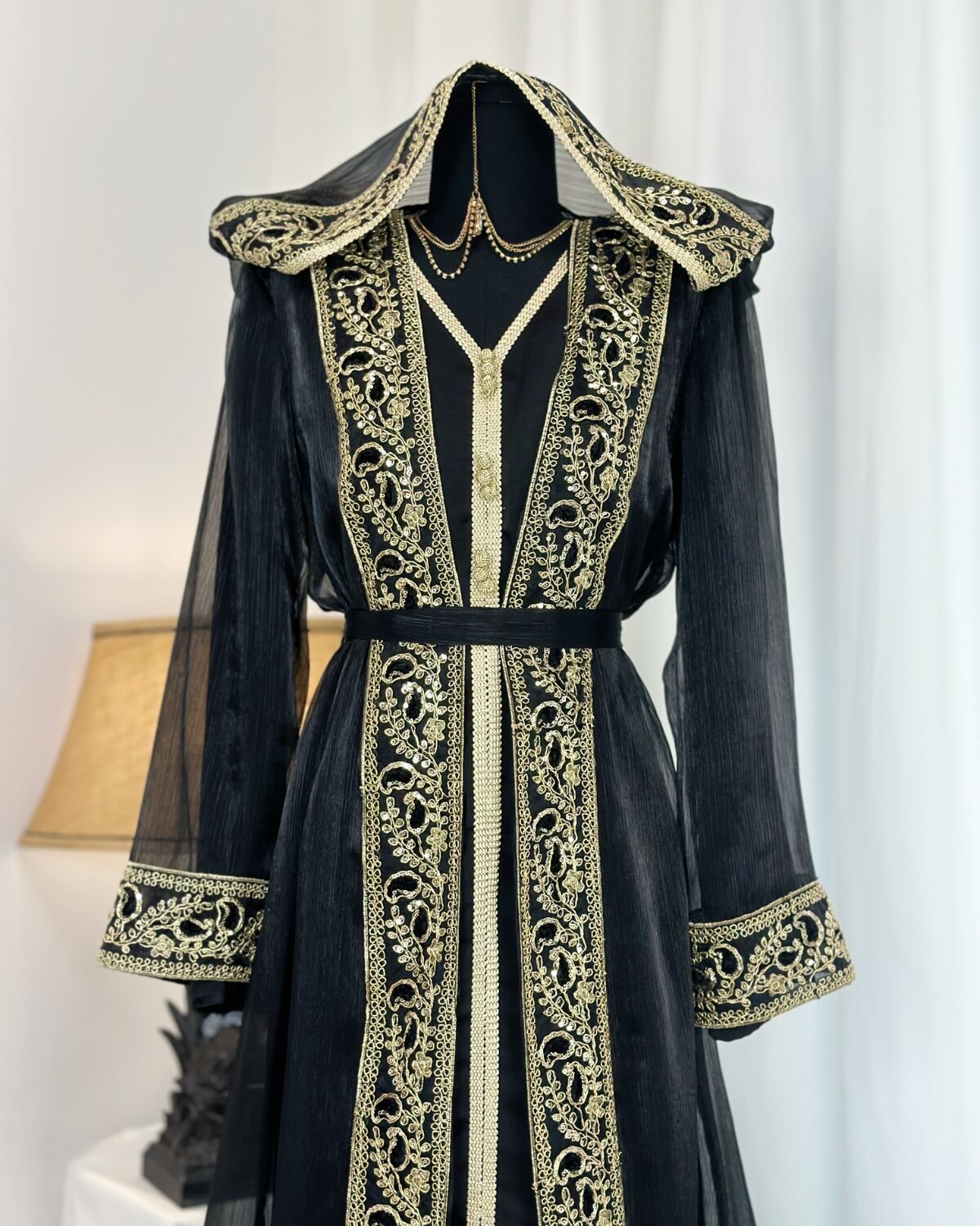 Moroccan Handmade Embroidered Black Abaya Kaftan Dress for Women with Hood, LKD1001