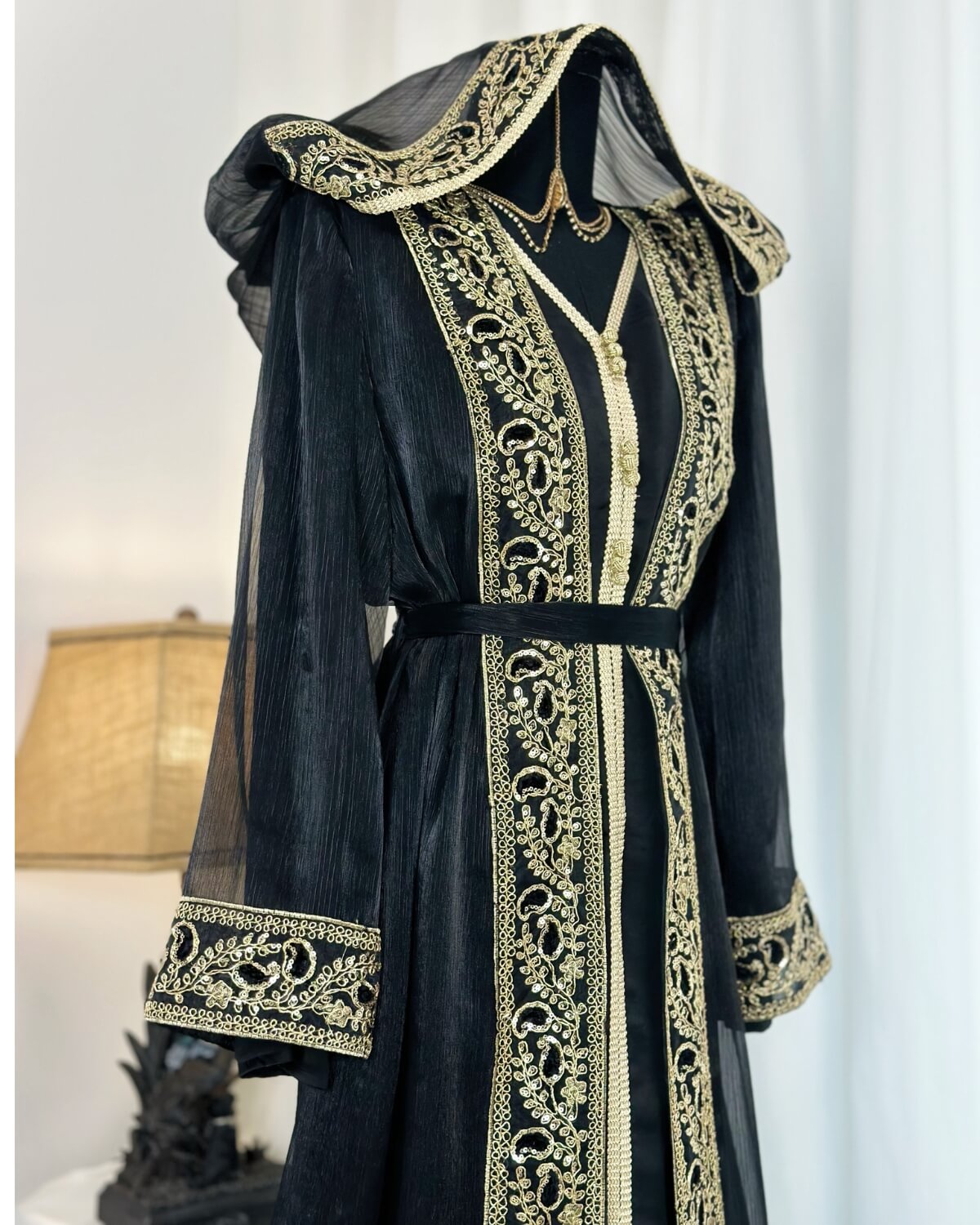 Moroccan Handmade Embroidered Black Abaya Kaftan Dress for Women with Hood, LKD1001