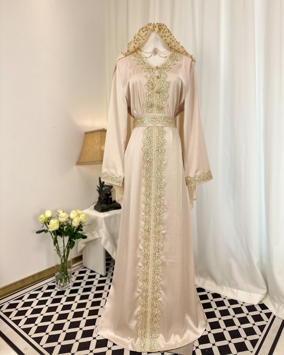 Moroccan Handmade Embroidered Pink Abaya Kaftan Dress for Women with Hood, LKD1002