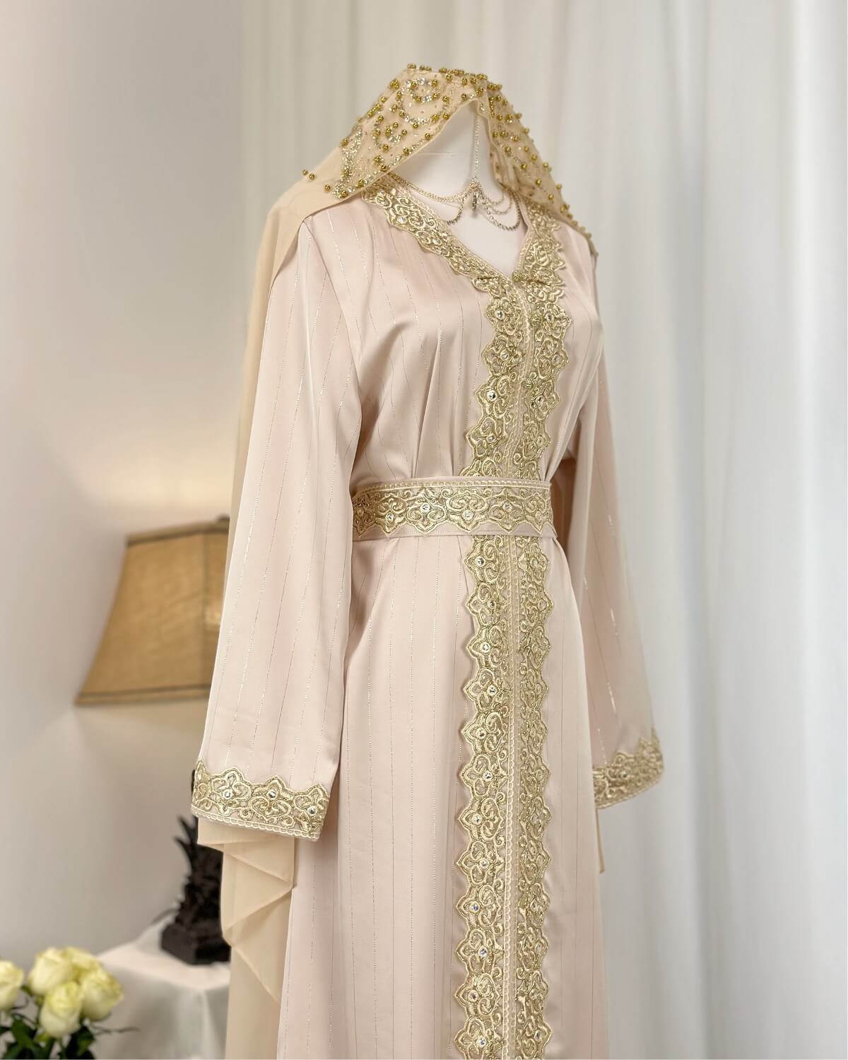 Moroccan Handmade Embroidered Pink Abaya Kaftan Dress for Women with Hood, LKD1002