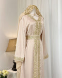 Moroccan Handmade Embroidered Pink Abaya Kaftan Dress for Women with Hood, LKD1002