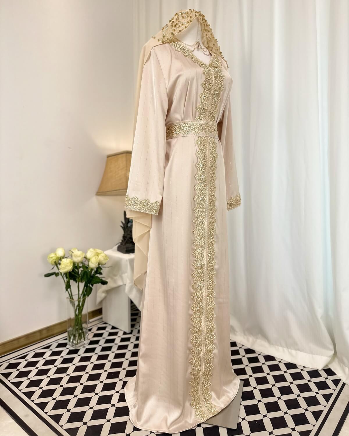Moroccan Handmade Embroidered Pink Abaya Kaftan Dress for Women with Hood, LKD1002