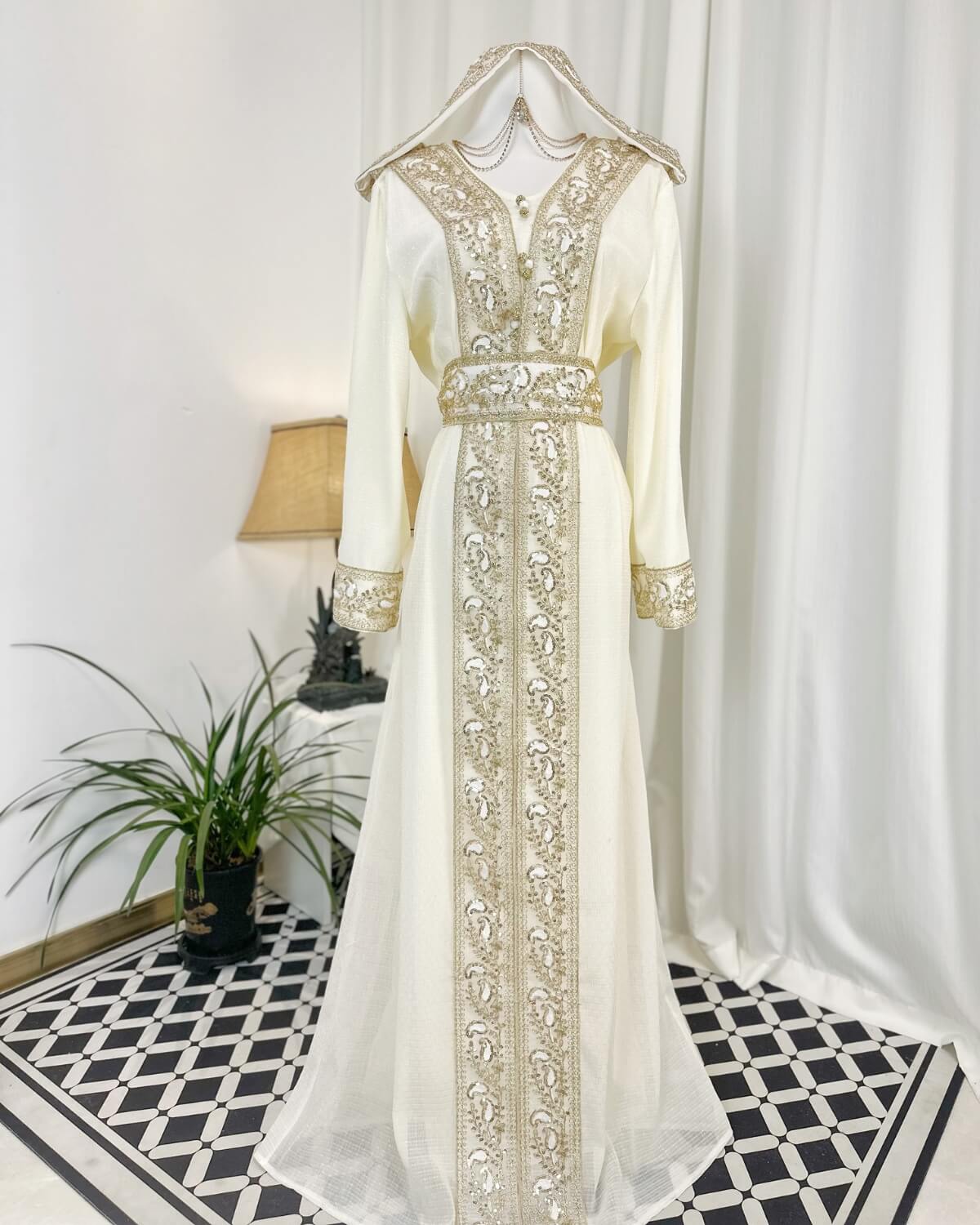 Moroccan Handmade Embroidered Beige Abaya Kaftan Dress for Women with Hood, LKD1003