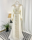 Moroccan Handmade Embroidered Beige Abaya Kaftan Dress for Women with Hood, LKD1003
