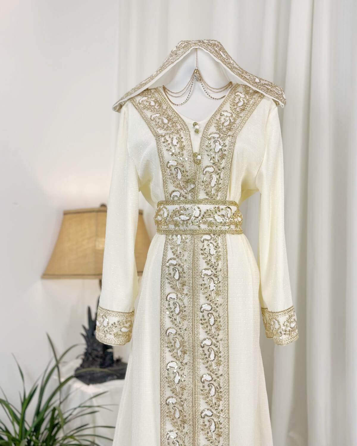 Moroccan Handmade Embroidered Beige Abaya Kaftan Dress for Women with Hood, LKD1003