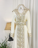 Moroccan Handmade Embroidered Beige Abaya Kaftan Dress for Women with Hood, LKD1003