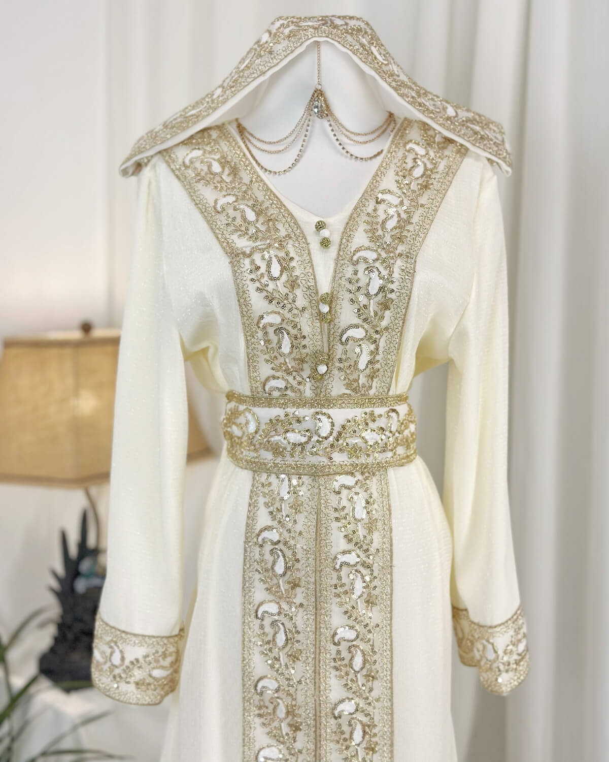 Moroccan Handmade Embroidered Beige Abaya Kaftan Dress for Women with Hood, LKD1003