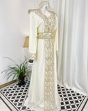Moroccan Handmade Embroidered Beige Abaya Kaftan Dress for Women with Hood, LKD1003