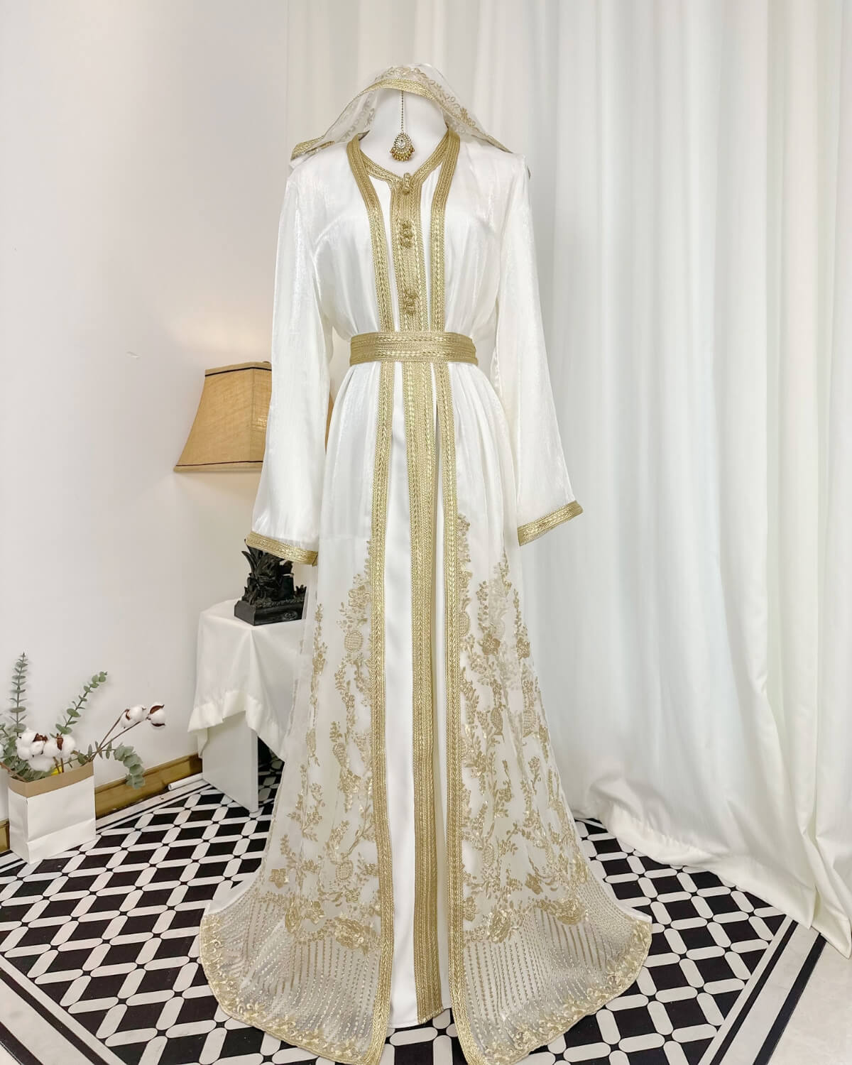 Moroccan Handmade Embroidered Flora Abaya Kaftan Dress for Women with Hood, LKD1004