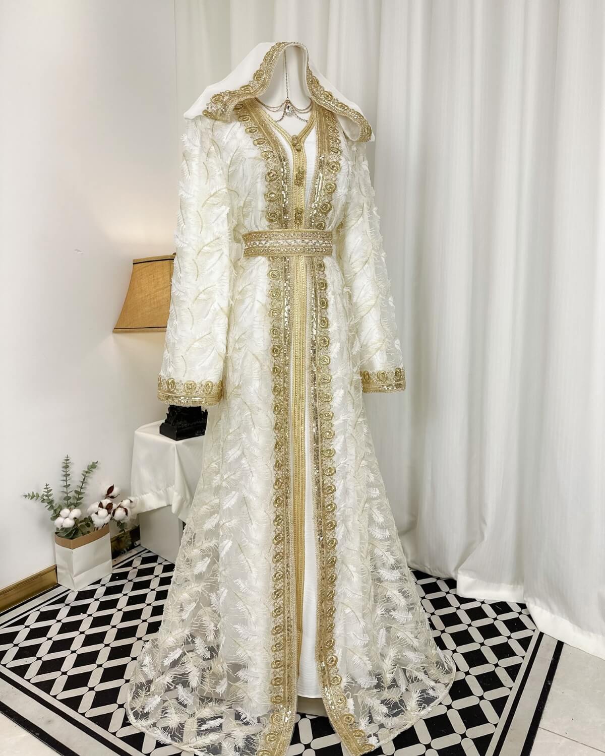 Moroccan Handmade Embroidered Feather Abaya Kaftan Dress for Women with Hood, LKD1005