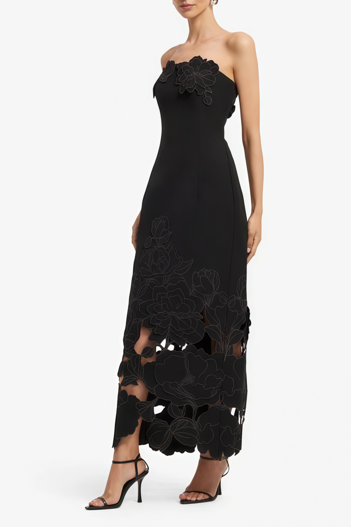Aurohaya Inga Black Strapless Floral Embroidered Maxi Dress