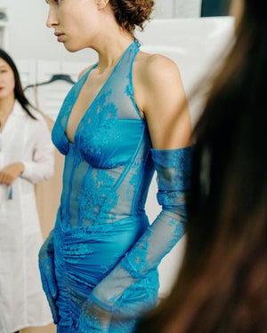 Aurohaya Ségolène Lace Halter Maxi Dress