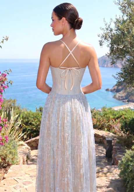 Halter Lace Bustier A Line Maxi Dress Blue