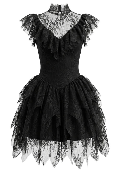 Lace Ruffle A Line Dress Black