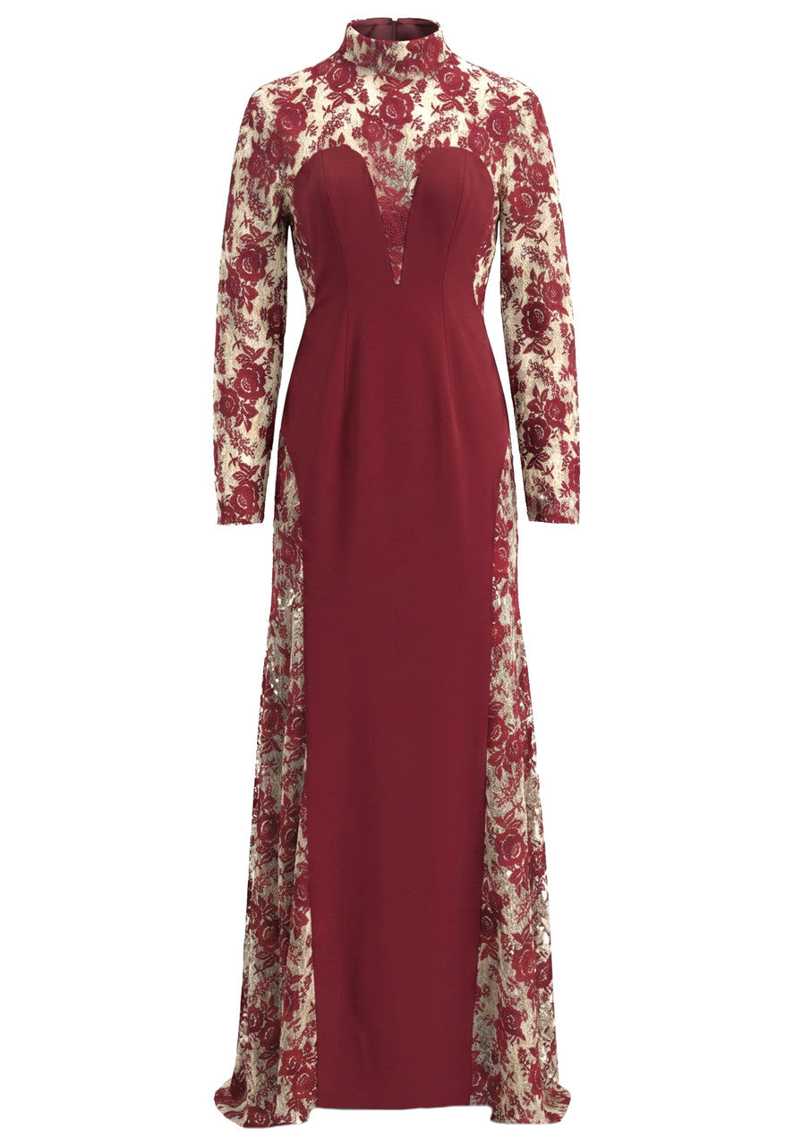 Long Sleeve Floral Lace Maxi Dress Burgundy